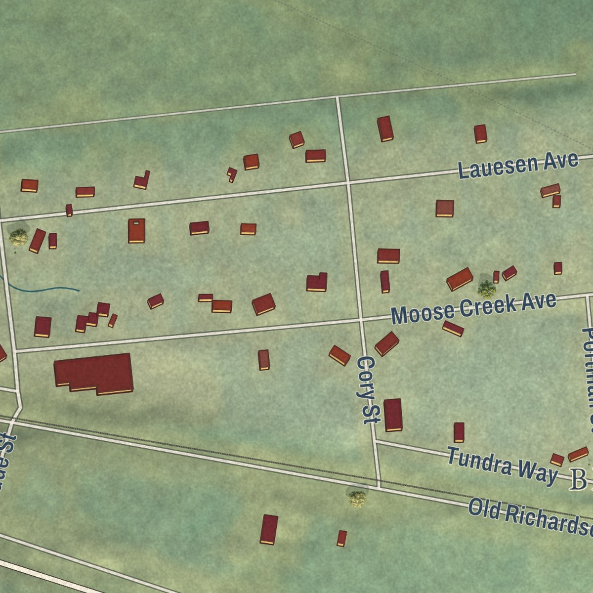 Close-up of the map of Moose Creek, Alaska print showing street and building detail