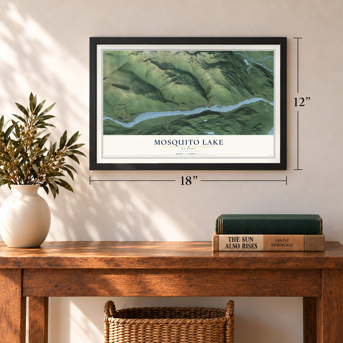 Mosquito Lake, Alaska map, 12 x 18 inch print in a black frame in an entryway