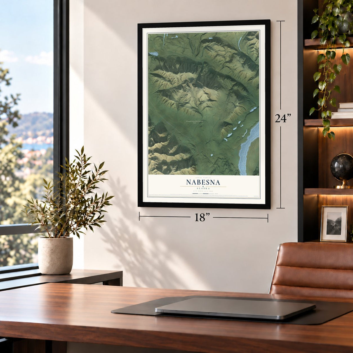 Nabesna, Alaska map, 18 x 24 inch print in a black frame in a home office