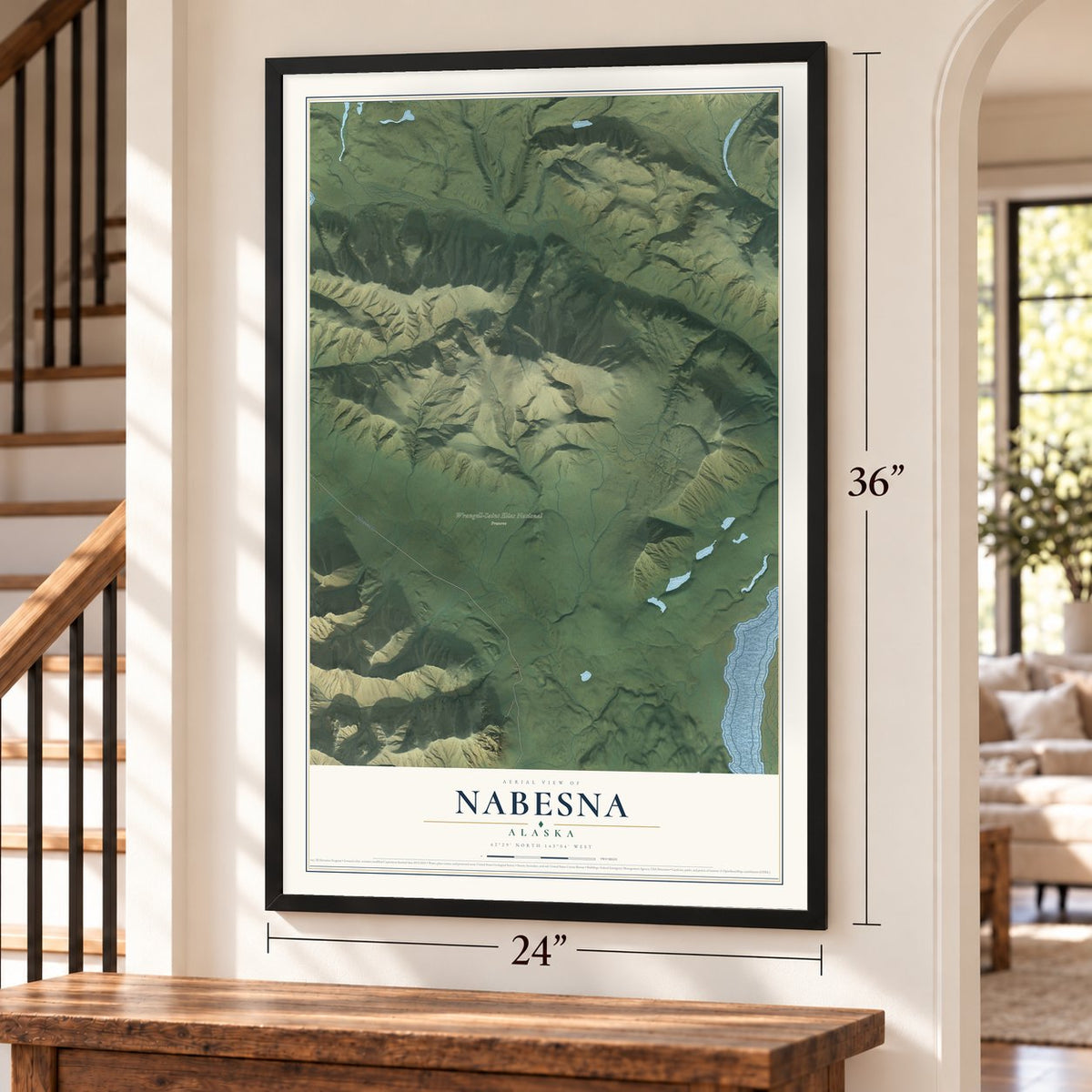 Nabesna, Alaska map, 24 x 36 inch print in a black frame by a staircase