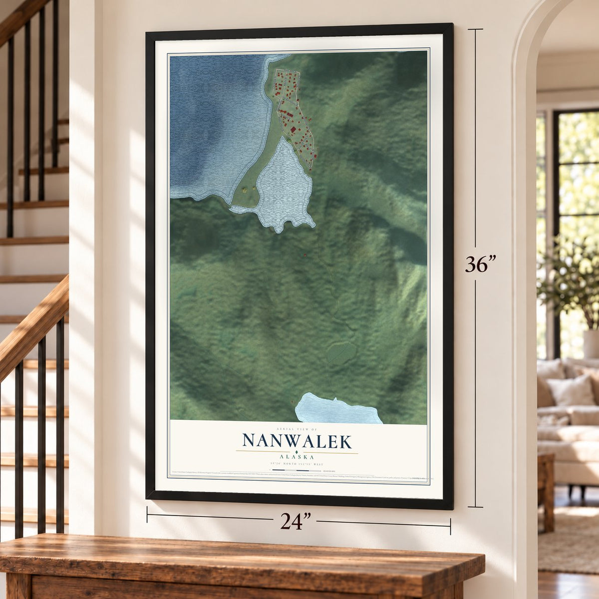 Nanwalek, Alaska map, 24 x 36 inch print in a black frame by a staircase