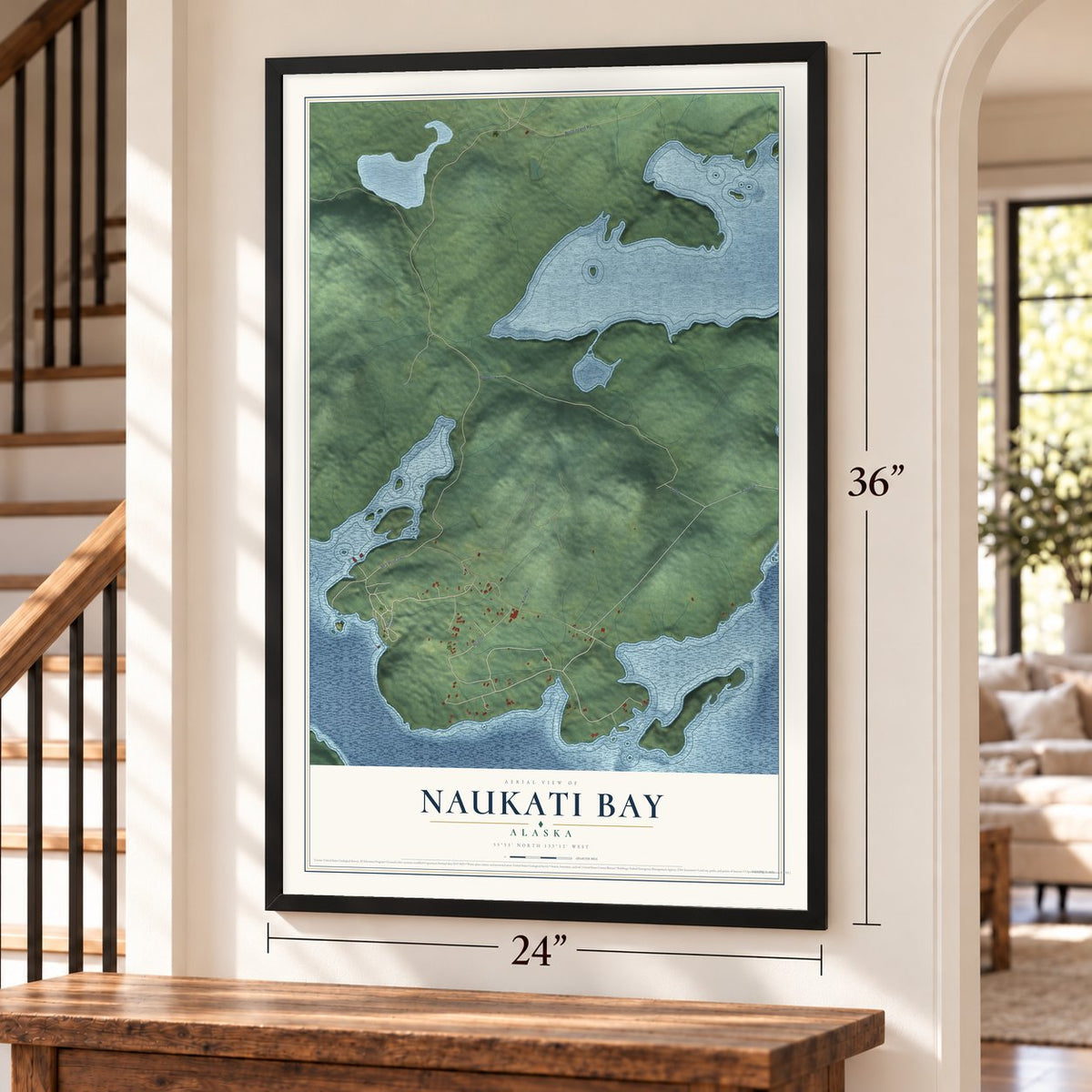 Naukati Bay, Alaska map, 24 x 36 inch print in a black frame by a staircase