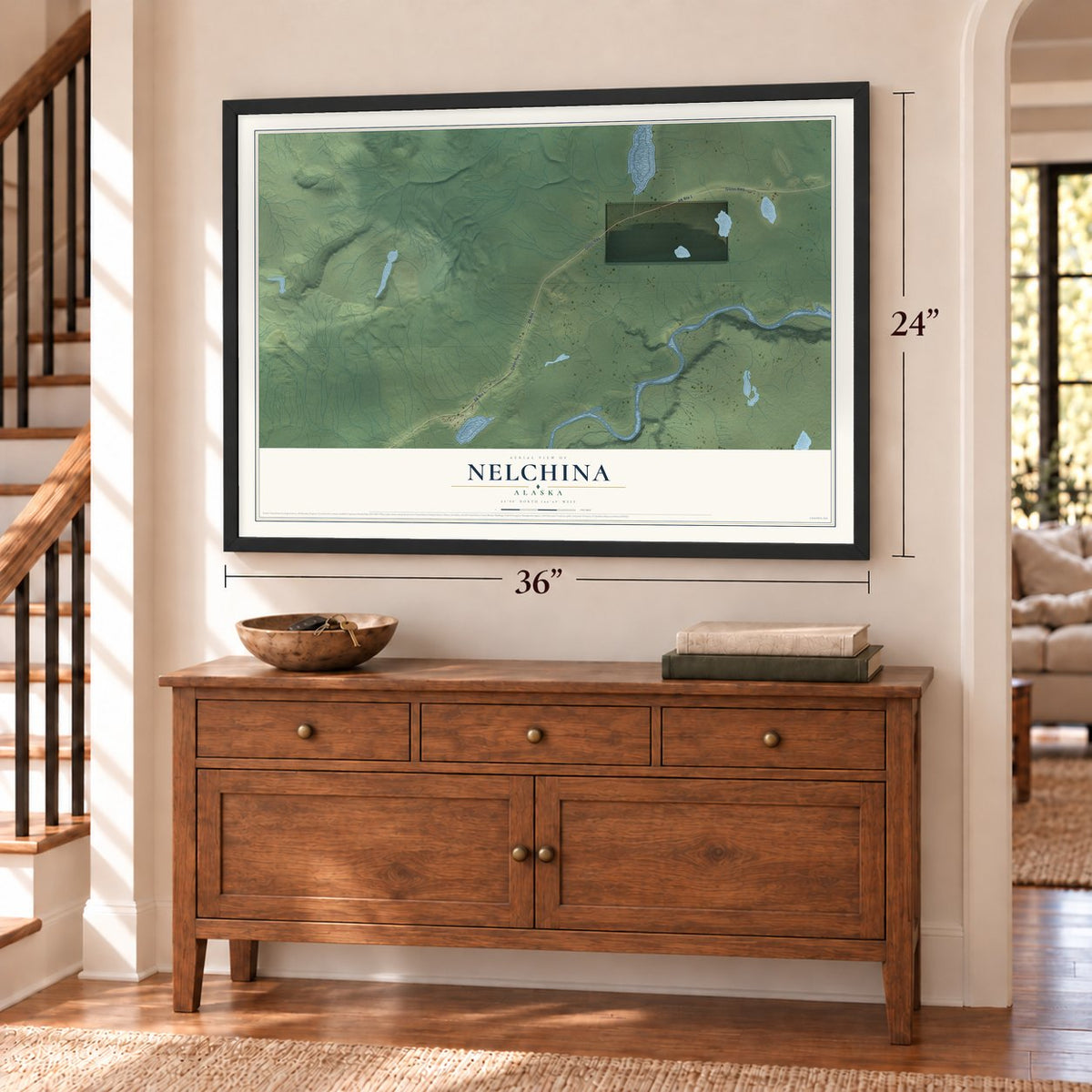 Nelchina, Alaska map, 24 x 36 inch print in a black frame above a dresser by a staircase