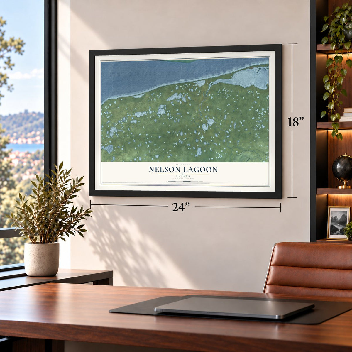 Nelson Lagoon, Alaska map, 18 x 24 inch print in a black frame in a home office