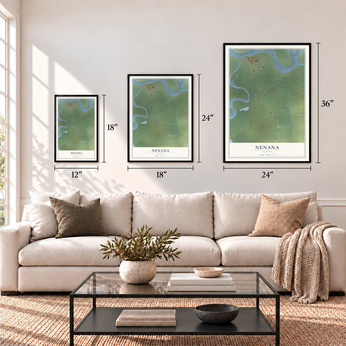 Nenana, Alaska map in 12 x 18, 18 x 24 and 24 x 36 inch sizes above a sofa