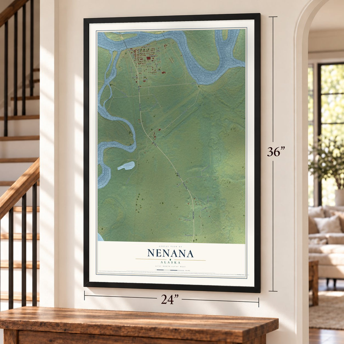 Nenana, Alaska map, 24 x 36 inch print in a black frame by a staircase