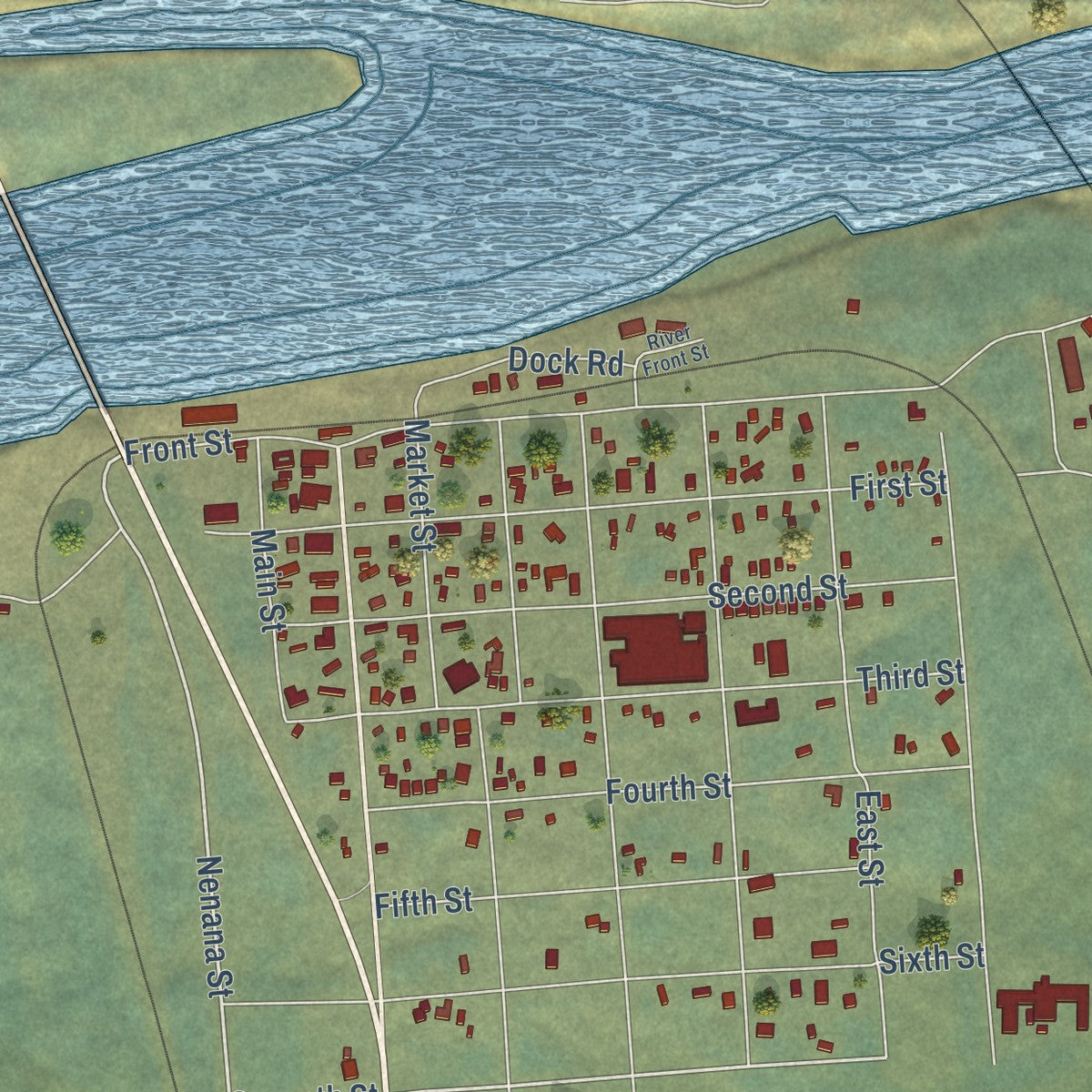 Close-up of the map of Nenana, Alaska print showing street and building detail