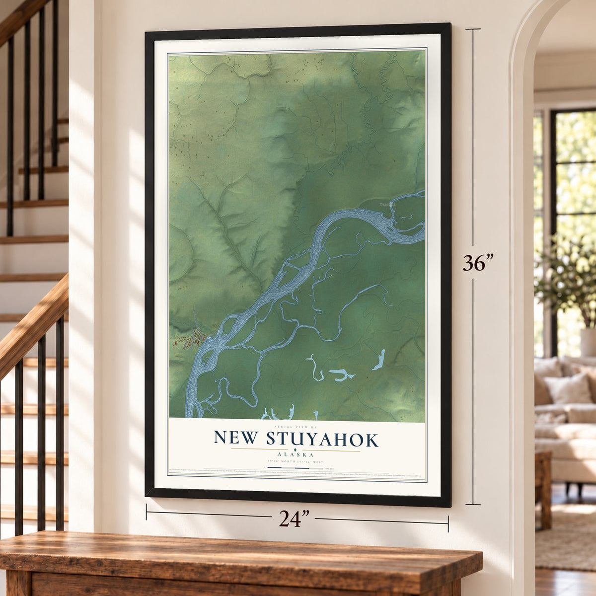 New Stuyahok, Alaska map, 24 x 36 inch print in a black frame by a staircase
