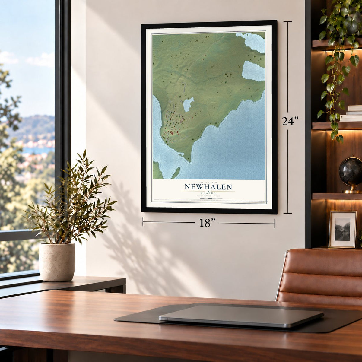 Newhalen, Alaska map, 18 x 24 inch print in a black frame in a home office