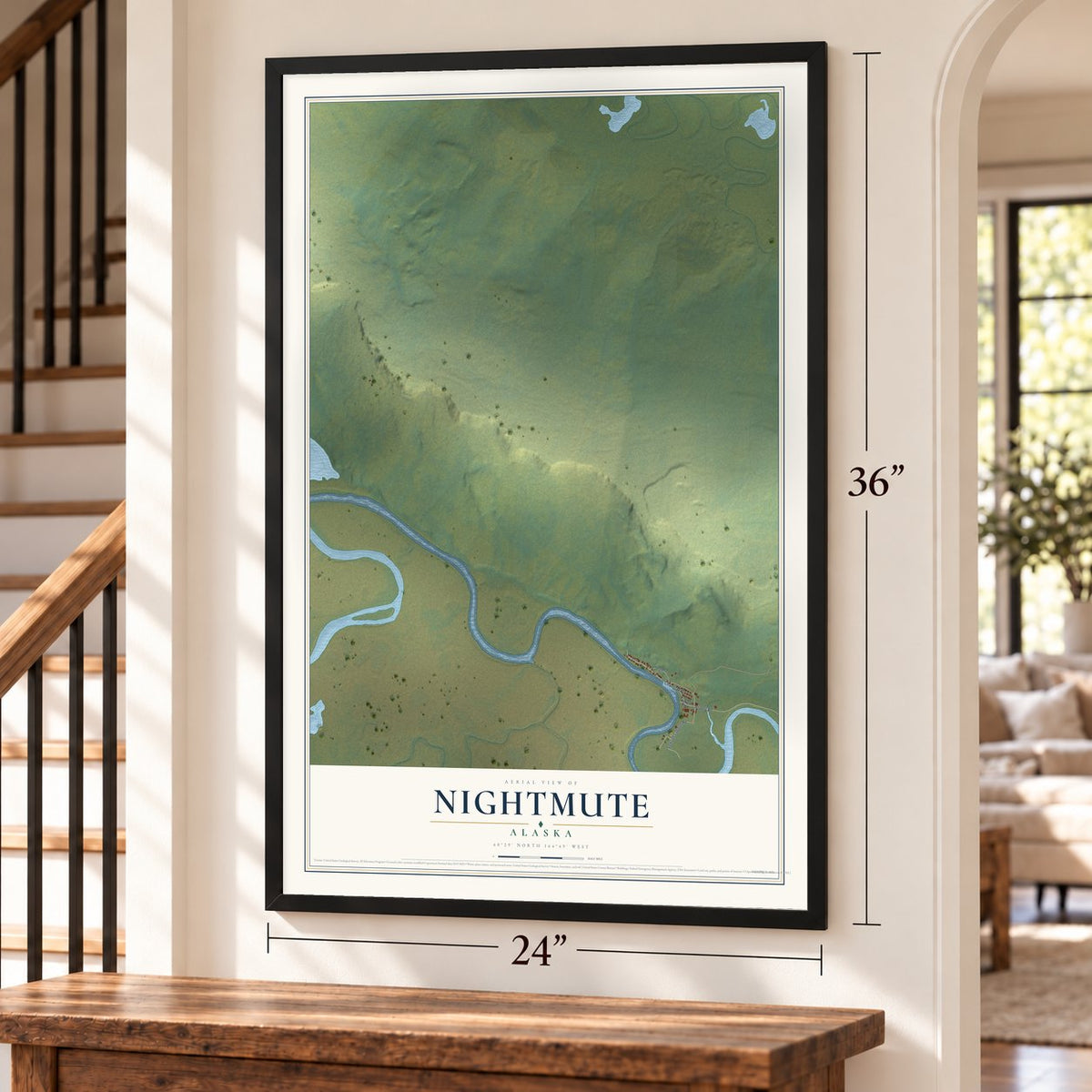 Nightmute, Alaska map, 24 x 36 inch print in a black frame by a staircase