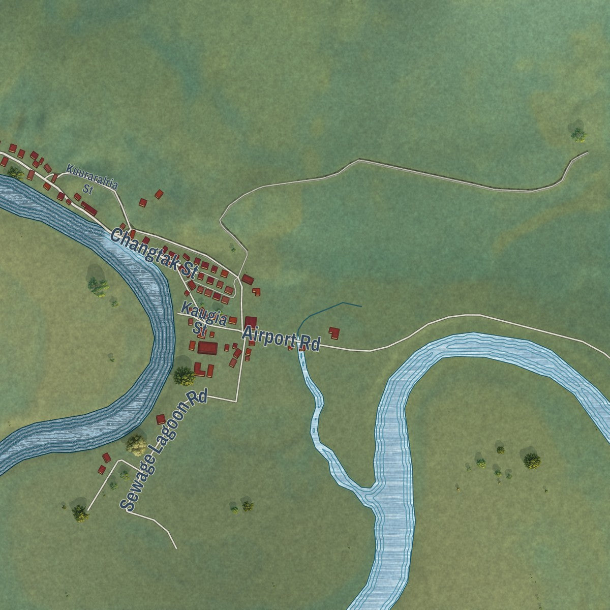 Close-up of the map of Nightmute, Alaska print showing street and building detail