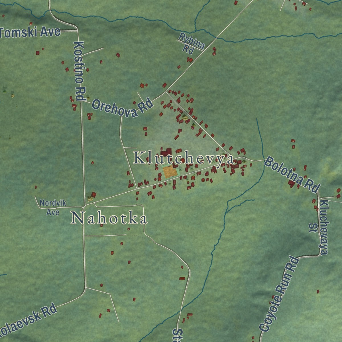 Close-up of the map of Nikolaevsk, Alaska print showing street and building detail