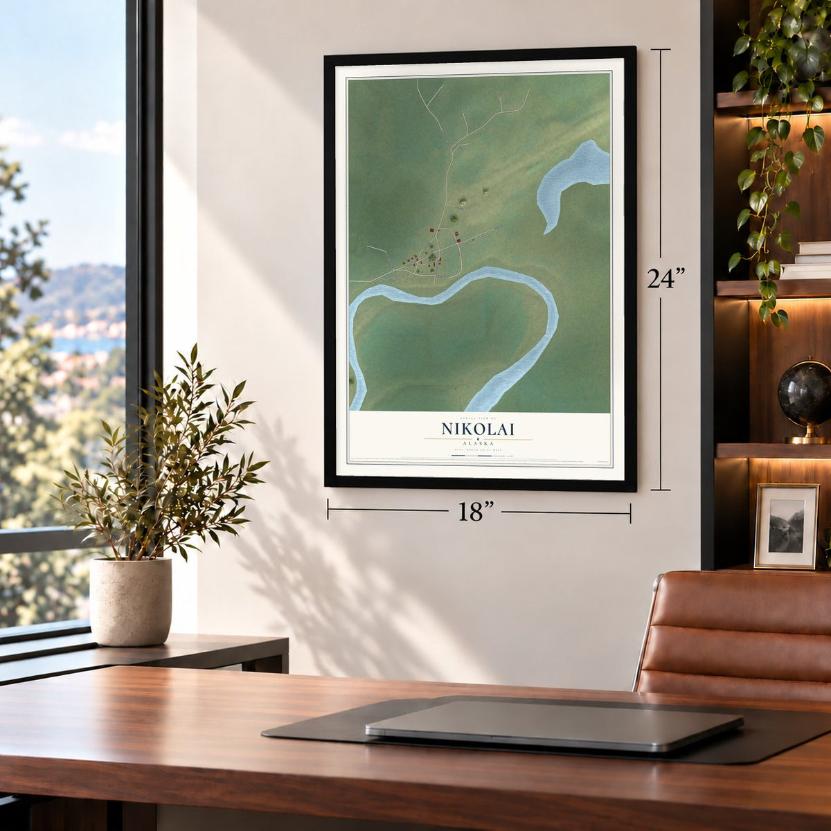 Nikolai, Alaska map, 18 x 24 inch print in a black frame in a home office