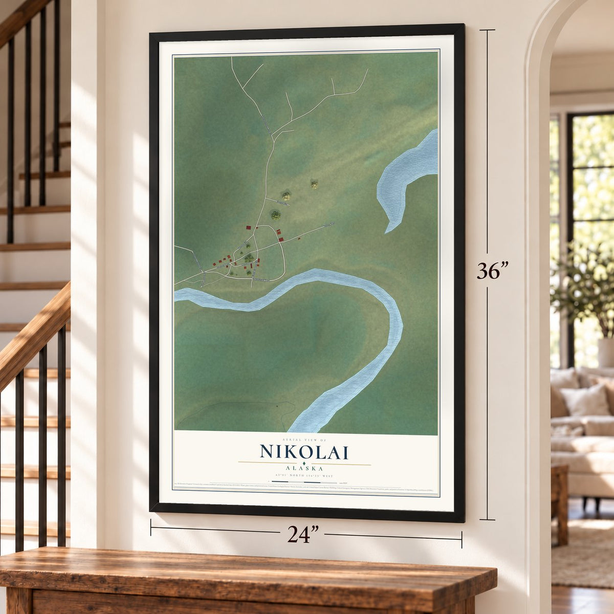 Nikolai, Alaska map, 24 x 36 inch print in a black frame by a staircase