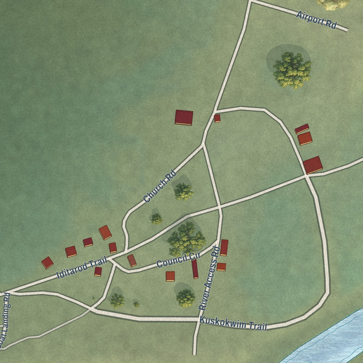 Close-up of the map of Nikolai, Alaska print showing street and building detail