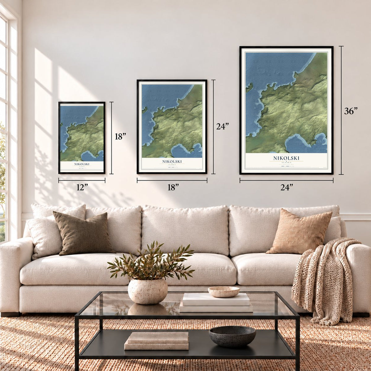 Nikolski, Alaska map in 12 x 18, 18 x 24 and 24 x 36 inch sizes above a sofa