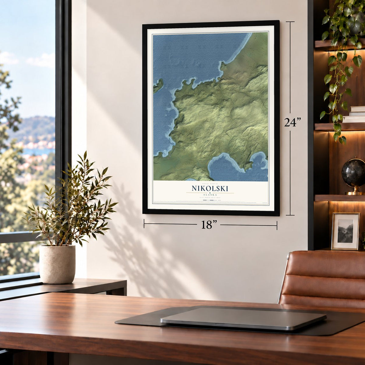 Nikolski, Alaska map, 18 x 24 inch print in a black frame in a home office