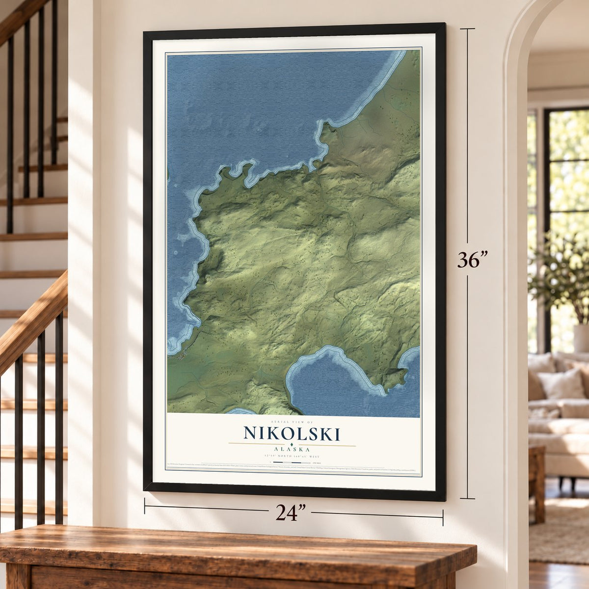 Nikolski, Alaska map, 24 x 36 inch print in a black frame by a staircase