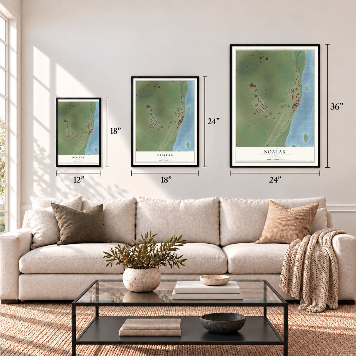 Noatak, Alaska map in 12 x 18, 18 x 24 and 24 x 36 inch sizes above a sofa