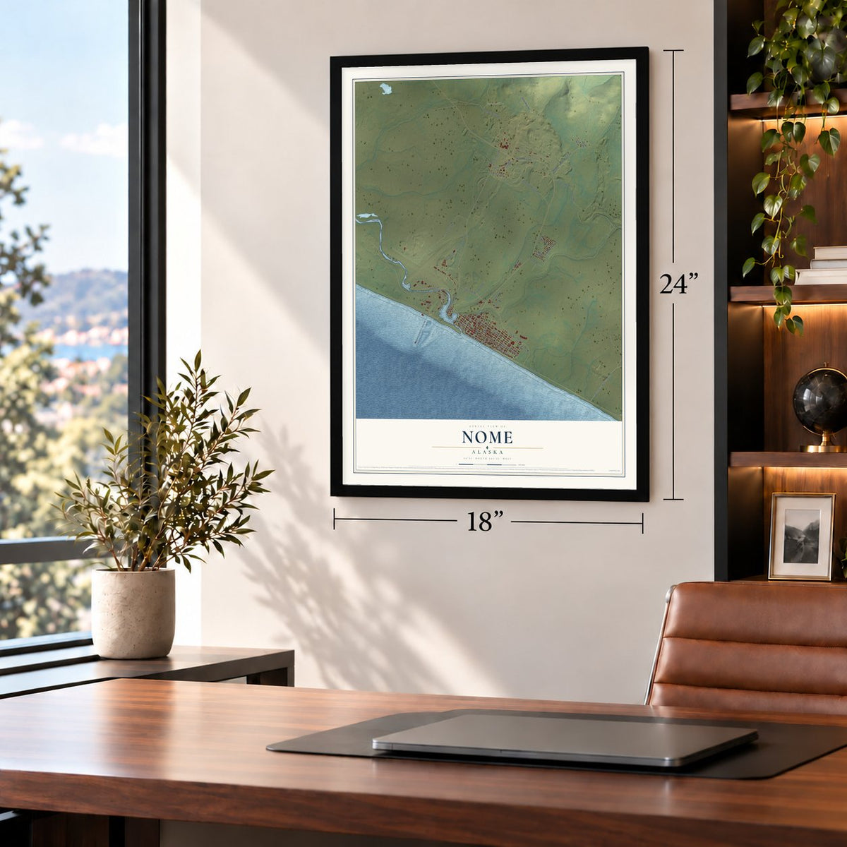 Nome, Alaska map, 18 x 24 inch print in a black frame in a home office