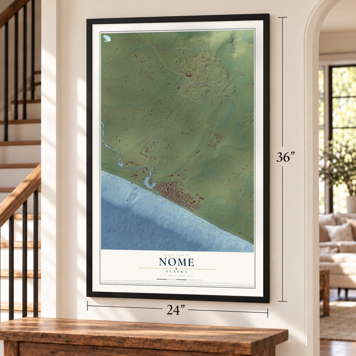 Nome, Alaska map, 24 x 36 inch print in a black frame by a staircase