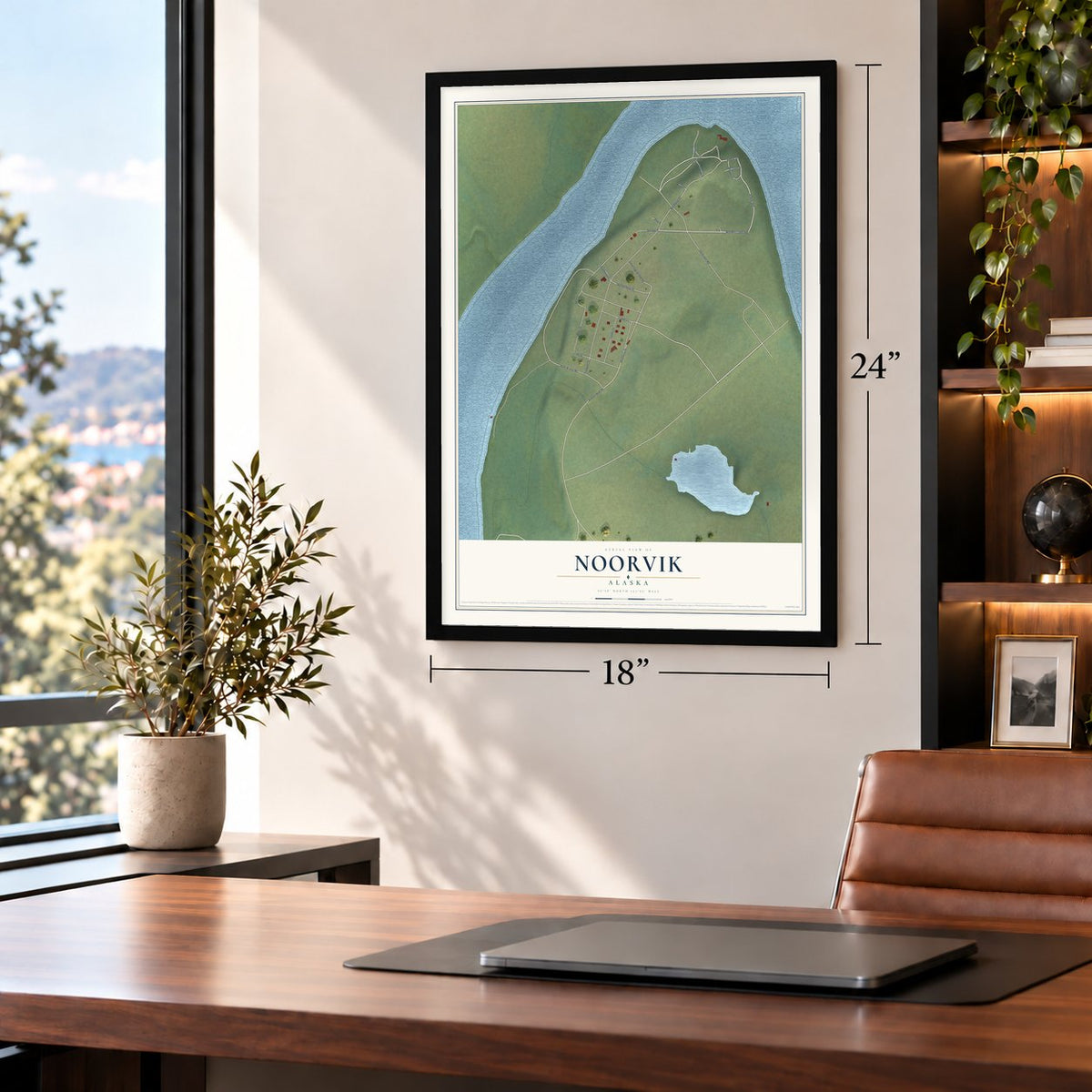 Noorvik, Alaska map, 18 x 24 inch print in a black frame in a home office