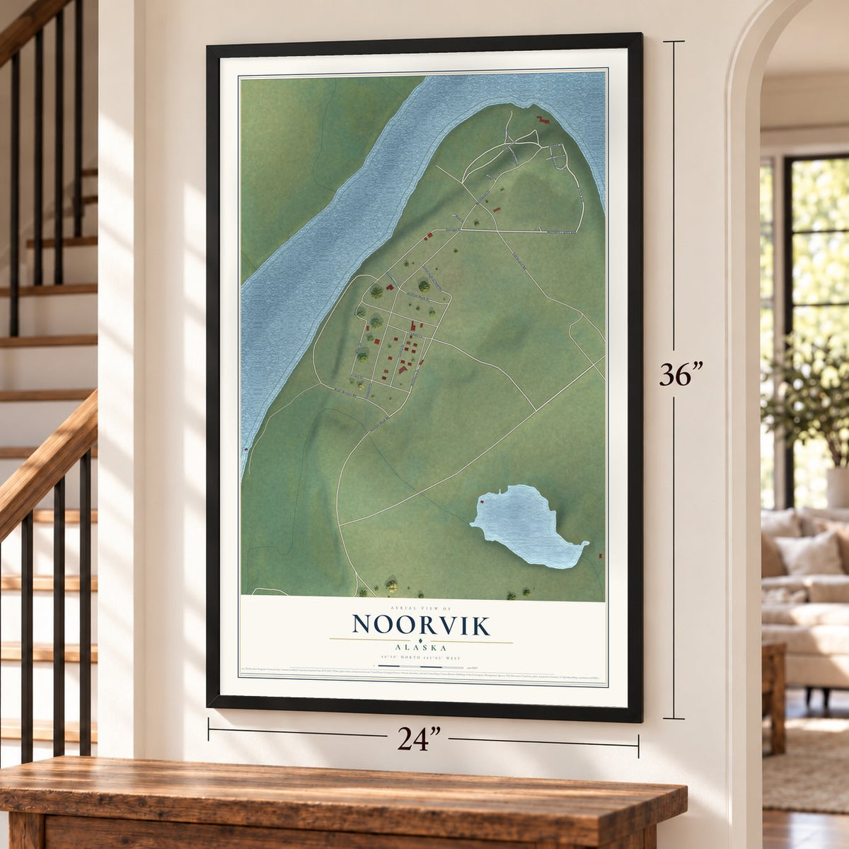 Noorvik, Alaska map, 24 x 36 inch print in a black frame by a staircase