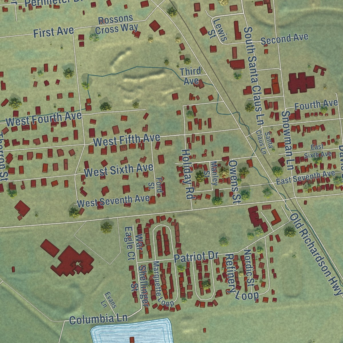 Close-up of the map of North Pole, Alaska print showing street and building detail