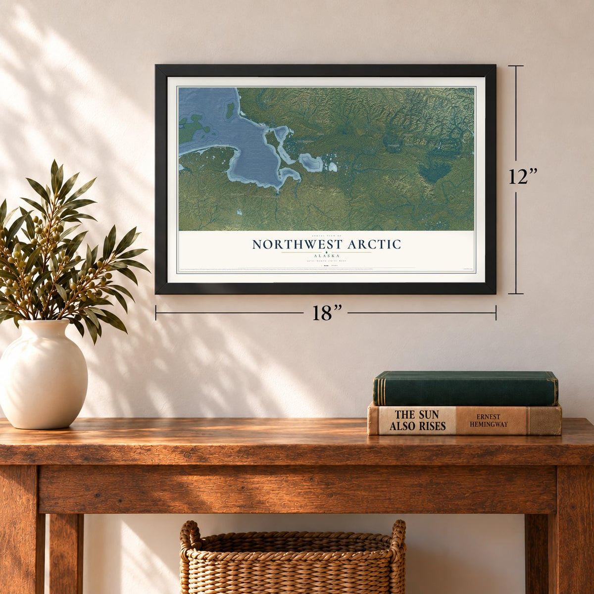 Northwest Arctic, Alaska map, 12 x 18 inch print in a black frame in an entryway
