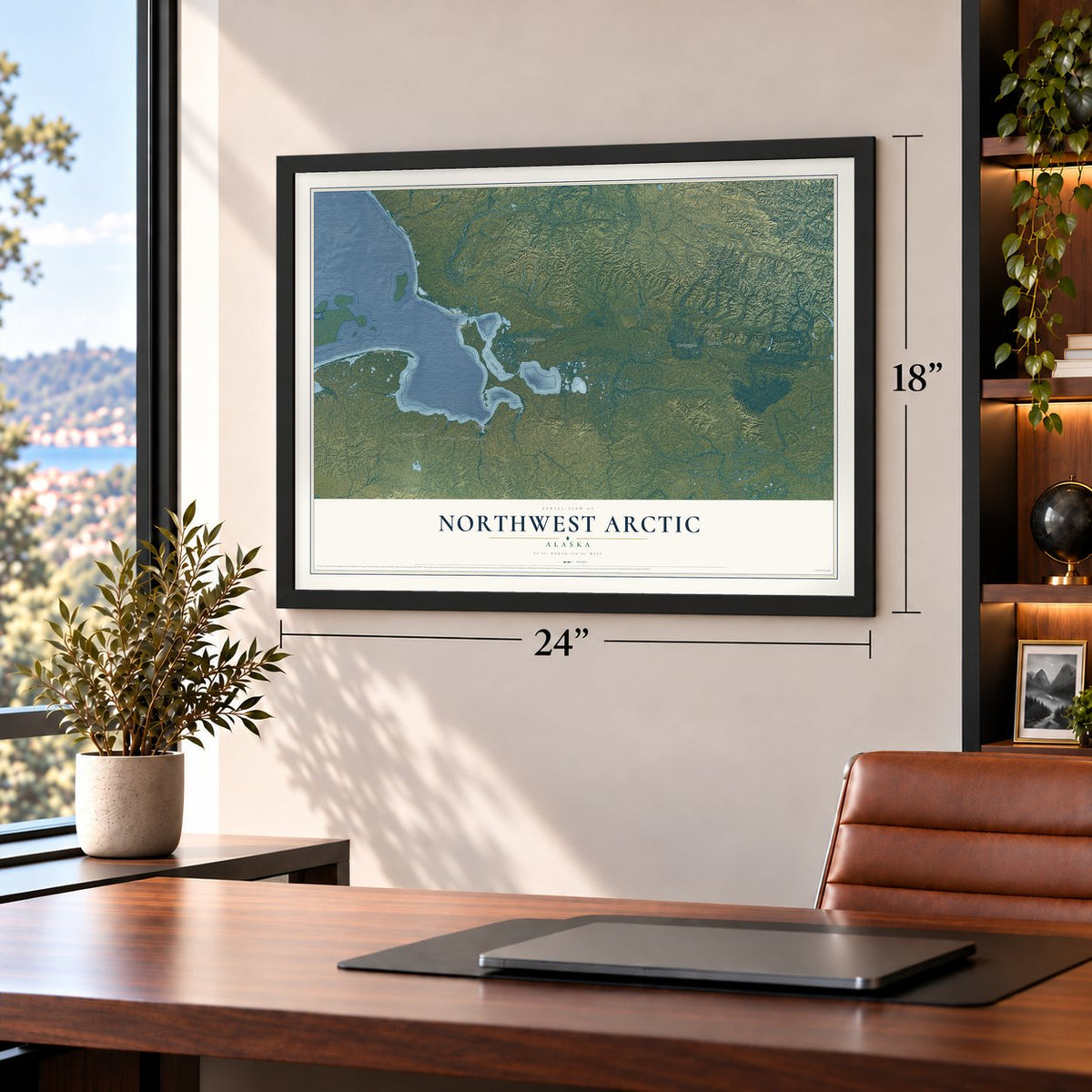 Northwest Arctic, Alaska map, 18 x 24 inch print in a black frame in a home office