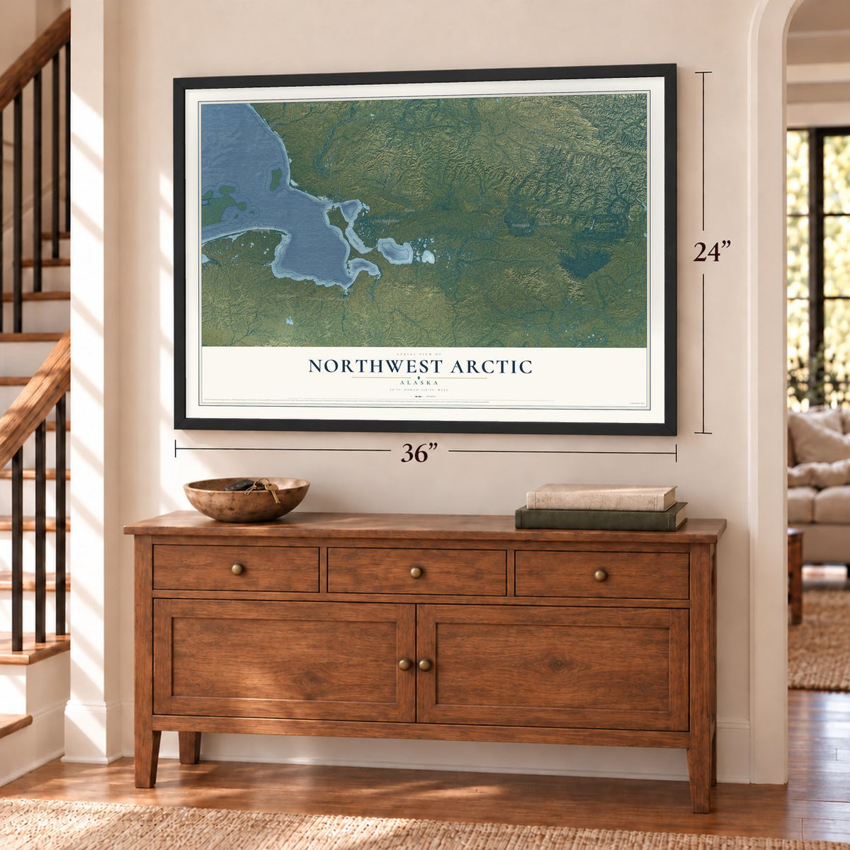 Northwest Arctic, Alaska map, 24 x 36 inch print in a black frame above a dresser by a staircase