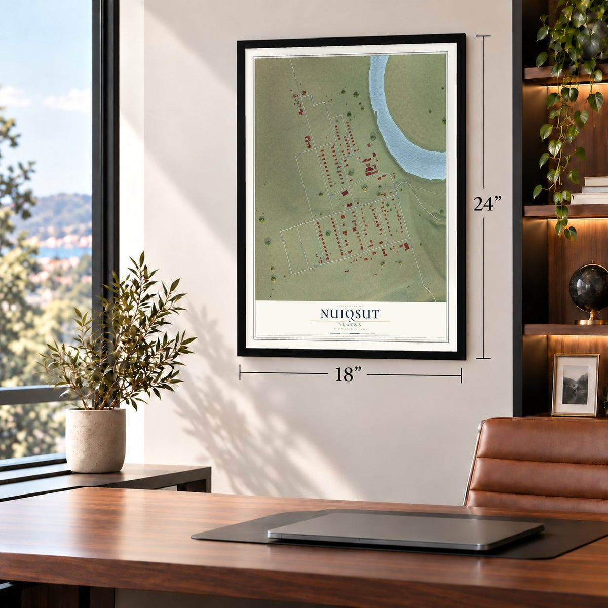 Nuiqsut, Alaska map, 18 x 24 inch print in a black frame in a home office