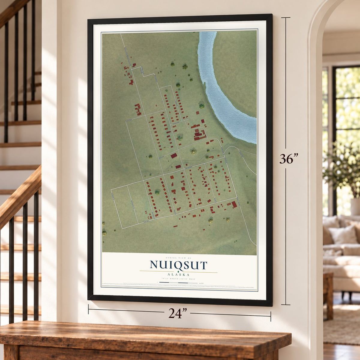 Nuiqsut, Alaska map, 24 x 36 inch print in a black frame by a staircase