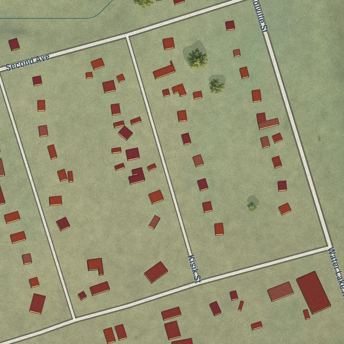 Close-up of the map of Nuiqsut, Alaska print showing street and building detail