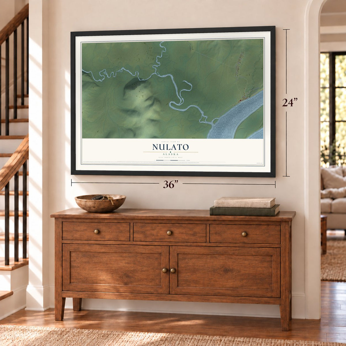 Nulato, Alaska map, 24 x 36 inch print in a black frame above a dresser by a staircase