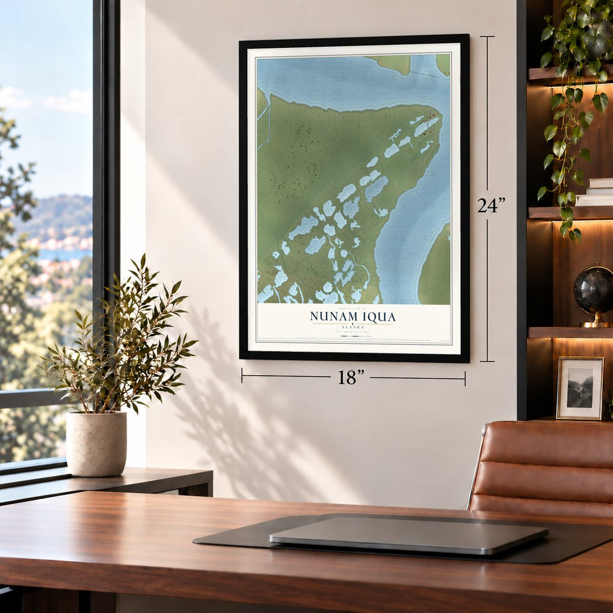 Nunam Iqua, Alaska map, 18 x 24 inch print in a black frame in a home office