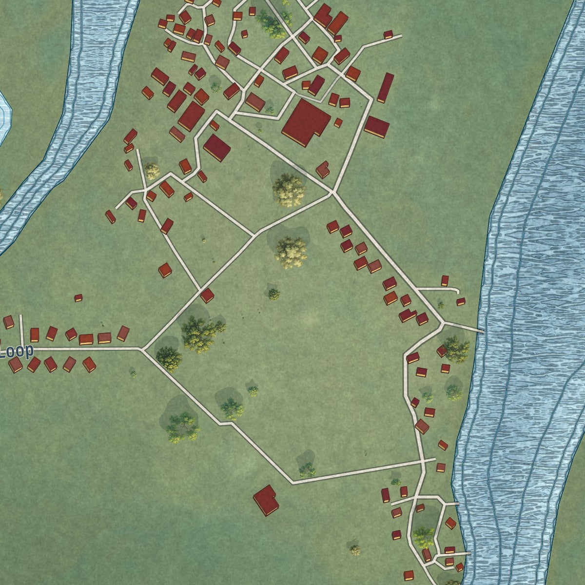 Close-up of the map of Nunapitchuk, Alaska print showing street and building detail