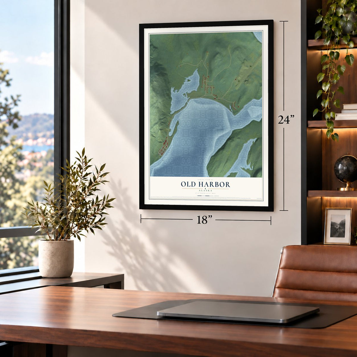 Old Harbor, Alaska map, 18 x 24 inch print in a black frame in a home office