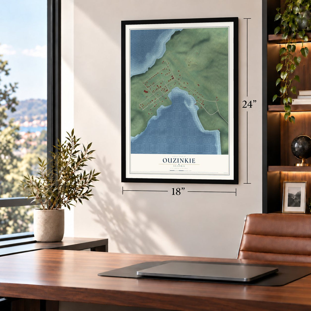 Ouzinkie, Alaska map, 18 x 24 inch print in a black frame in a home office