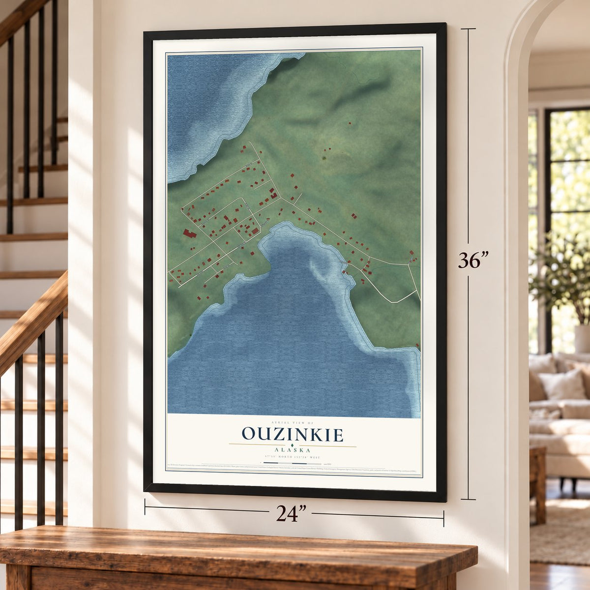 Ouzinkie, Alaska map, 24 x 36 inch print in a black frame by a staircase