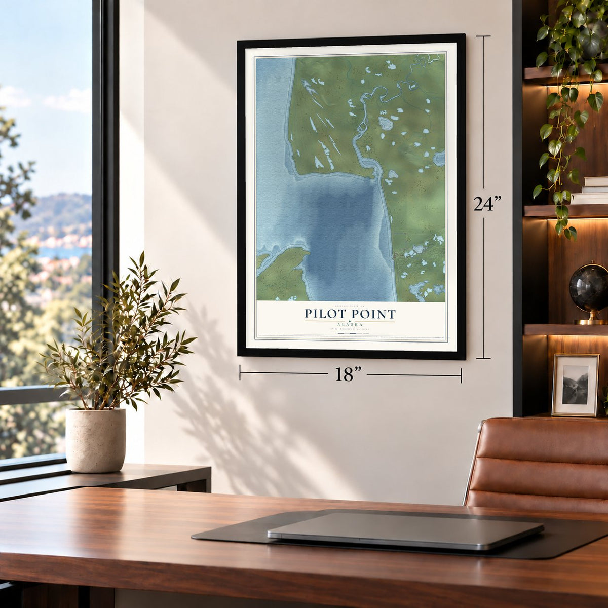 Pilot Point, Alaska map, 18 x 24 inch print in a black frame in a home office