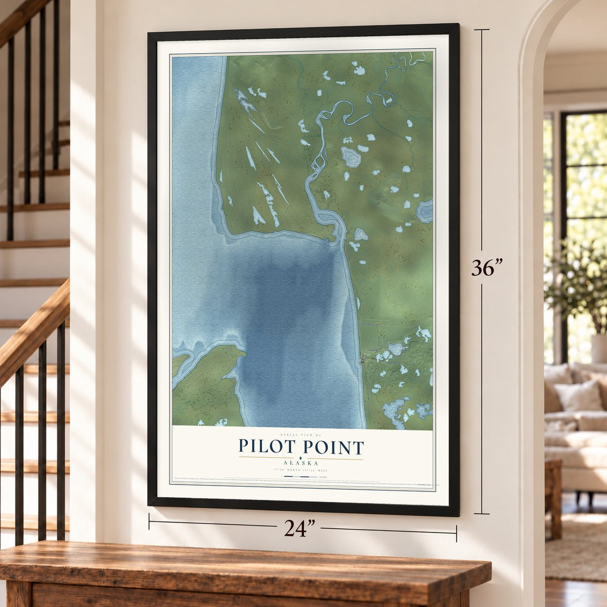 Pilot Point, Alaska map, 24 x 36 inch print in a black frame by a staircase