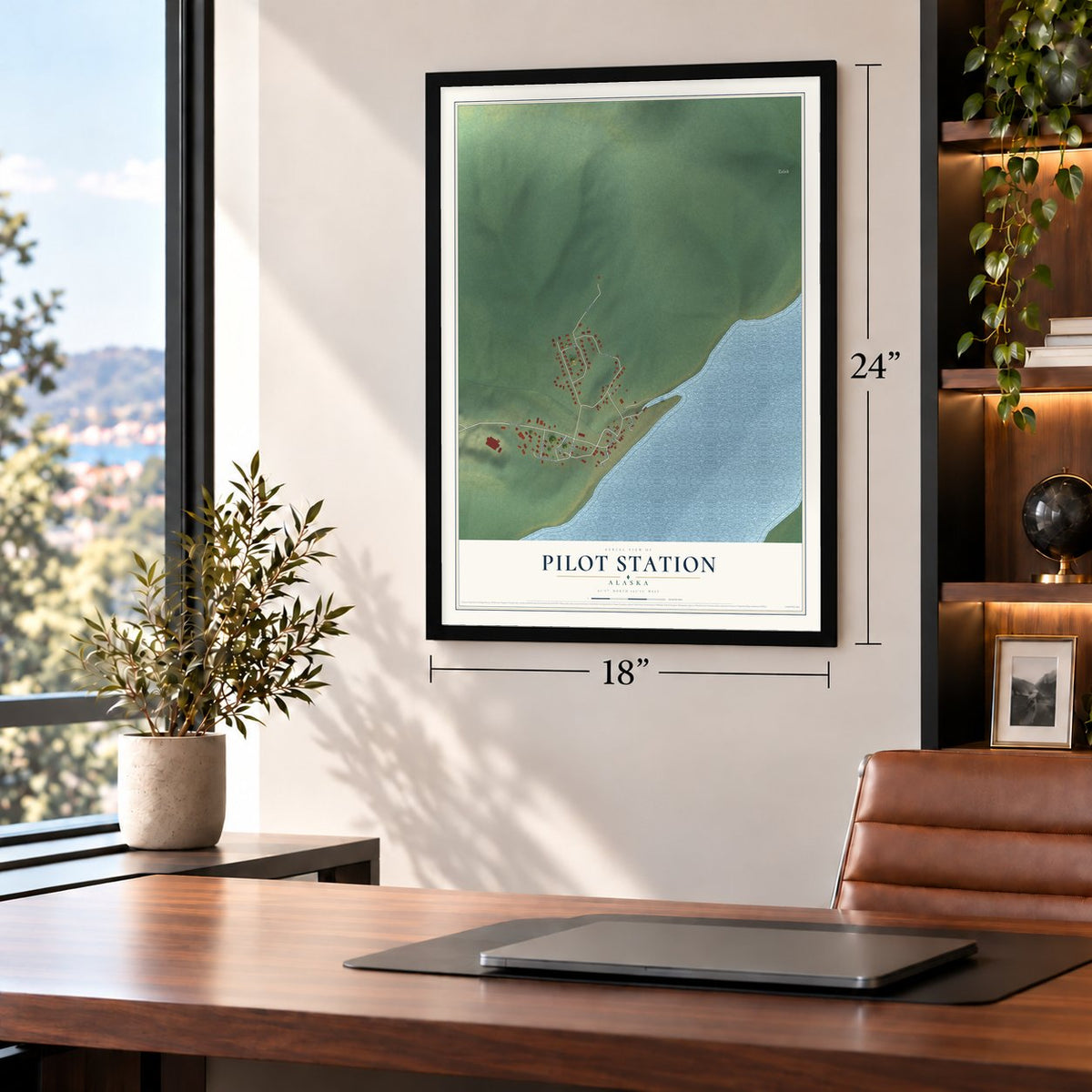 Pilot Station, Alaska map, 18 x 24 inch print in a black frame in a home office