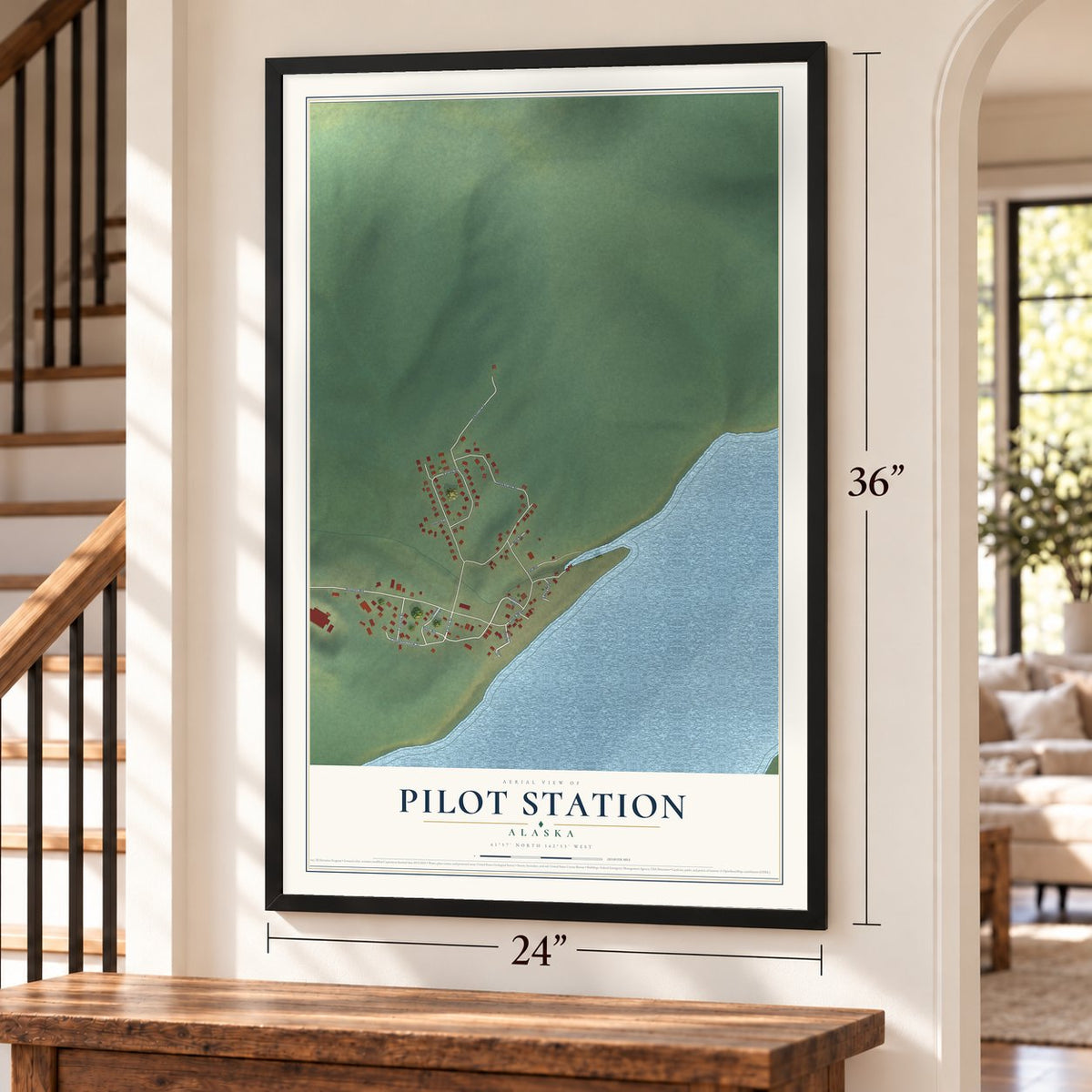 Pilot Station, Alaska map, 24 x 36 inch print in a black frame by a staircase