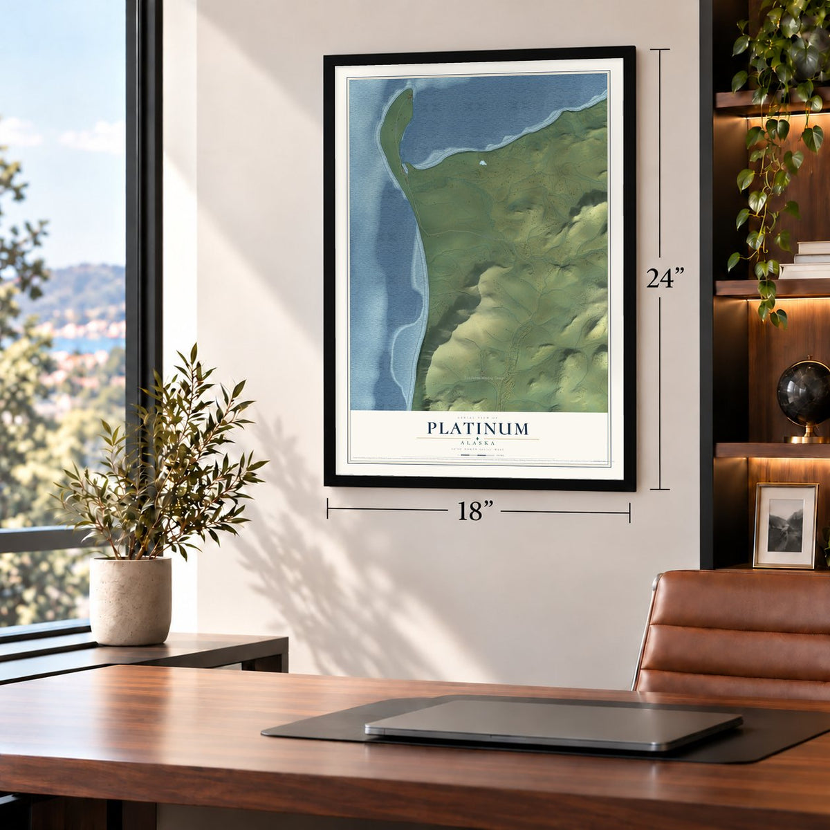 Platinum, Alaska map, 18 x 24 inch print in a black frame in a home office