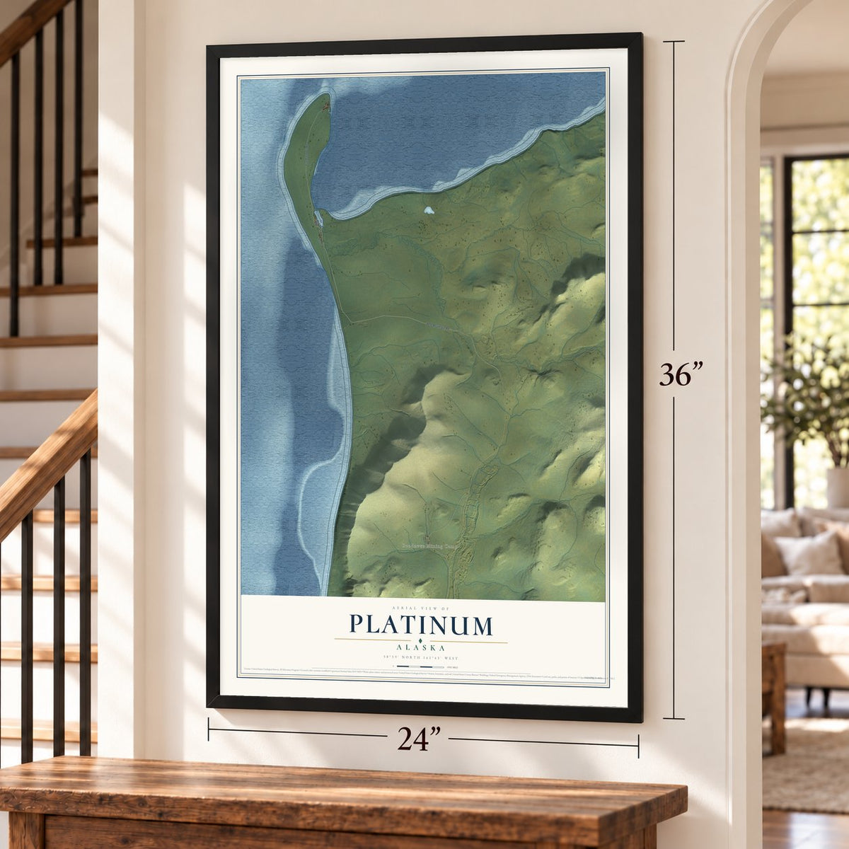 Platinum, Alaska map, 24 x 36 inch print in a black frame by a staircase