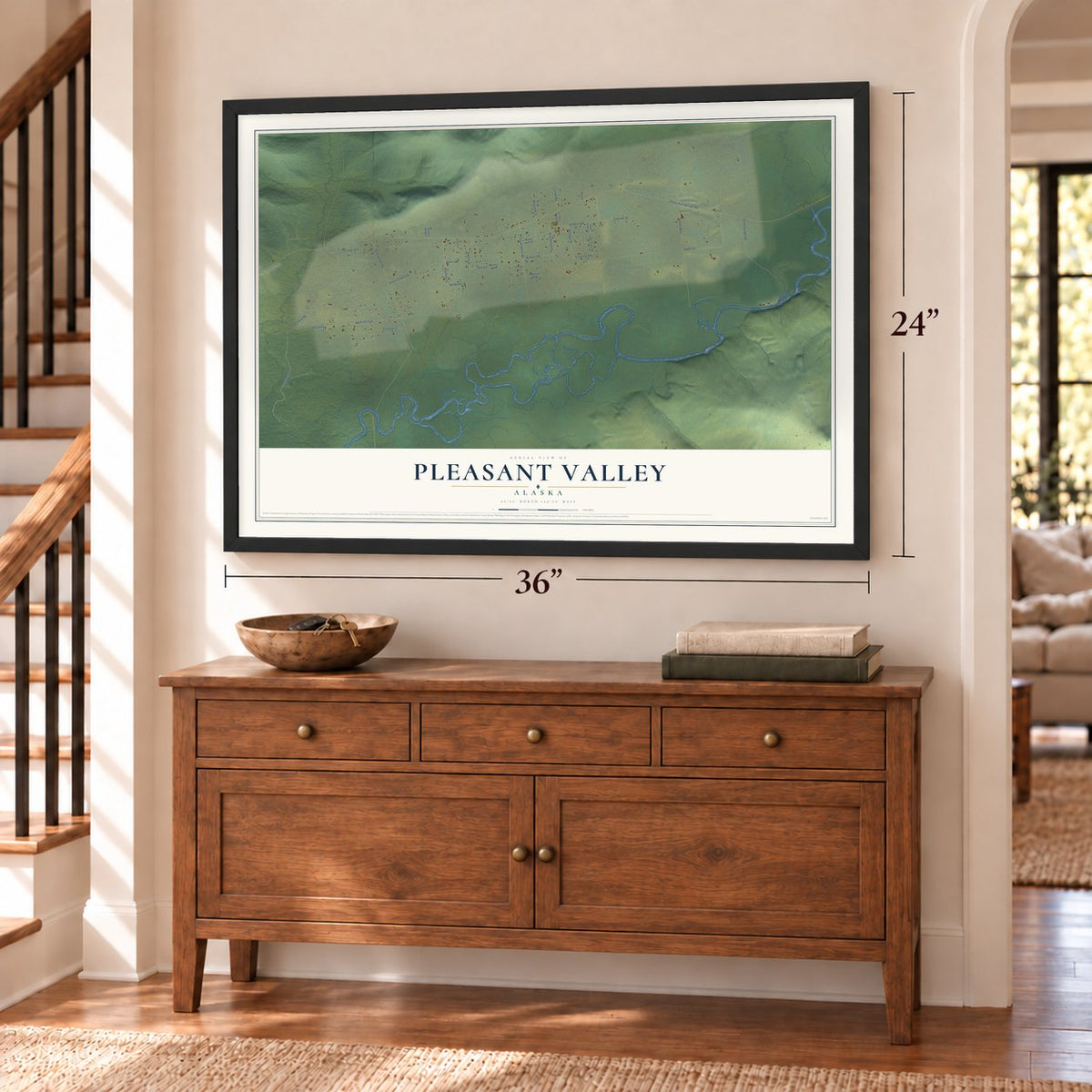 Pleasant Valley, Alaska map, 24 x 36 inch print in a black frame above a dresser by a staircase