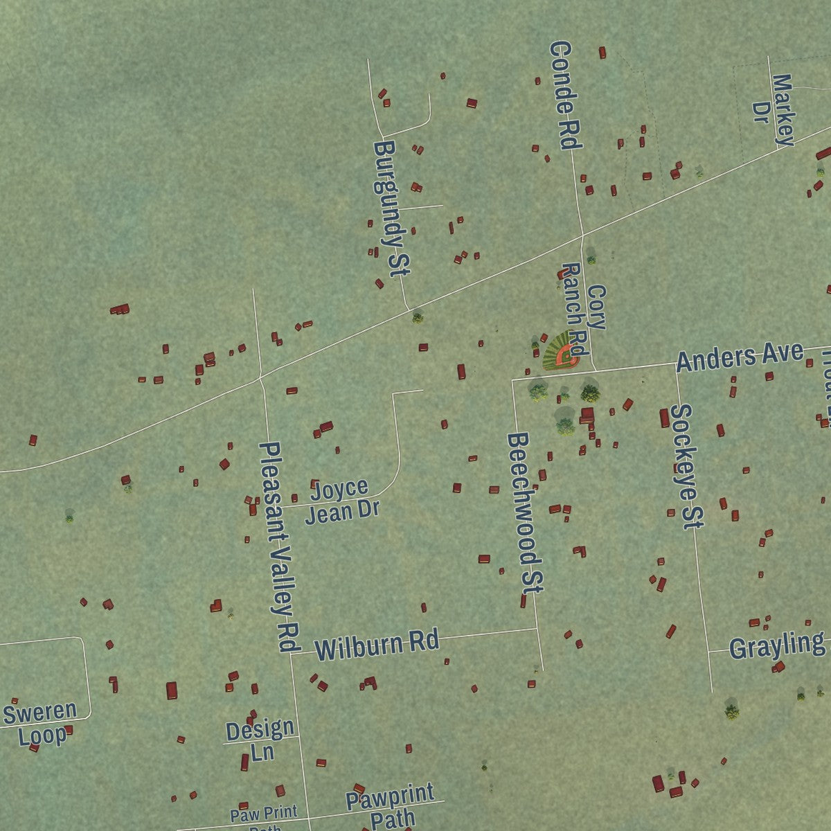 Close-up of the map of Pleasant Valley, Alaska print showing street and building detail