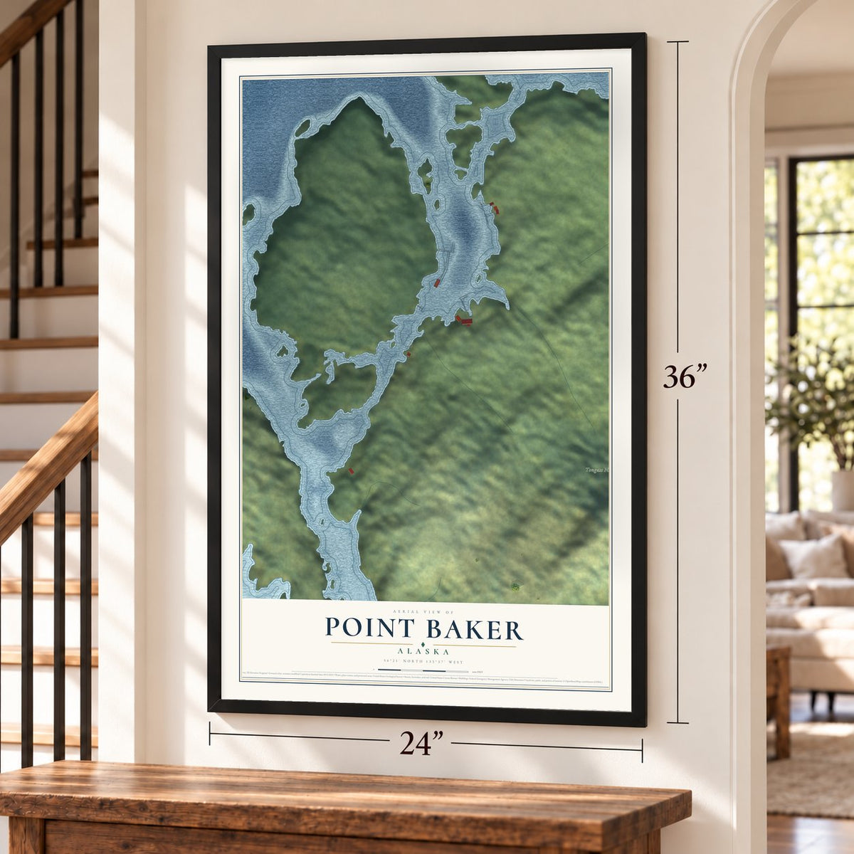 Point Baker, Alaska map, 24 x 36 inch print in a black frame by a staircase
