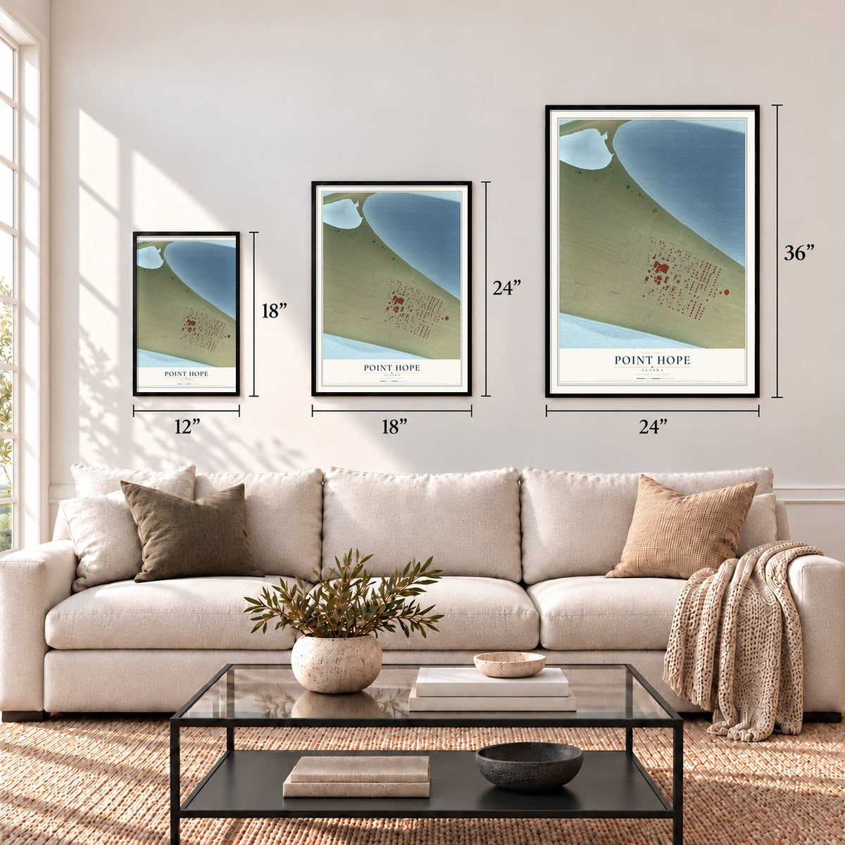 Point Hope, Alaska map in 12 x 18, 18 x 24 and 24 x 36 inch sizes above a sofa